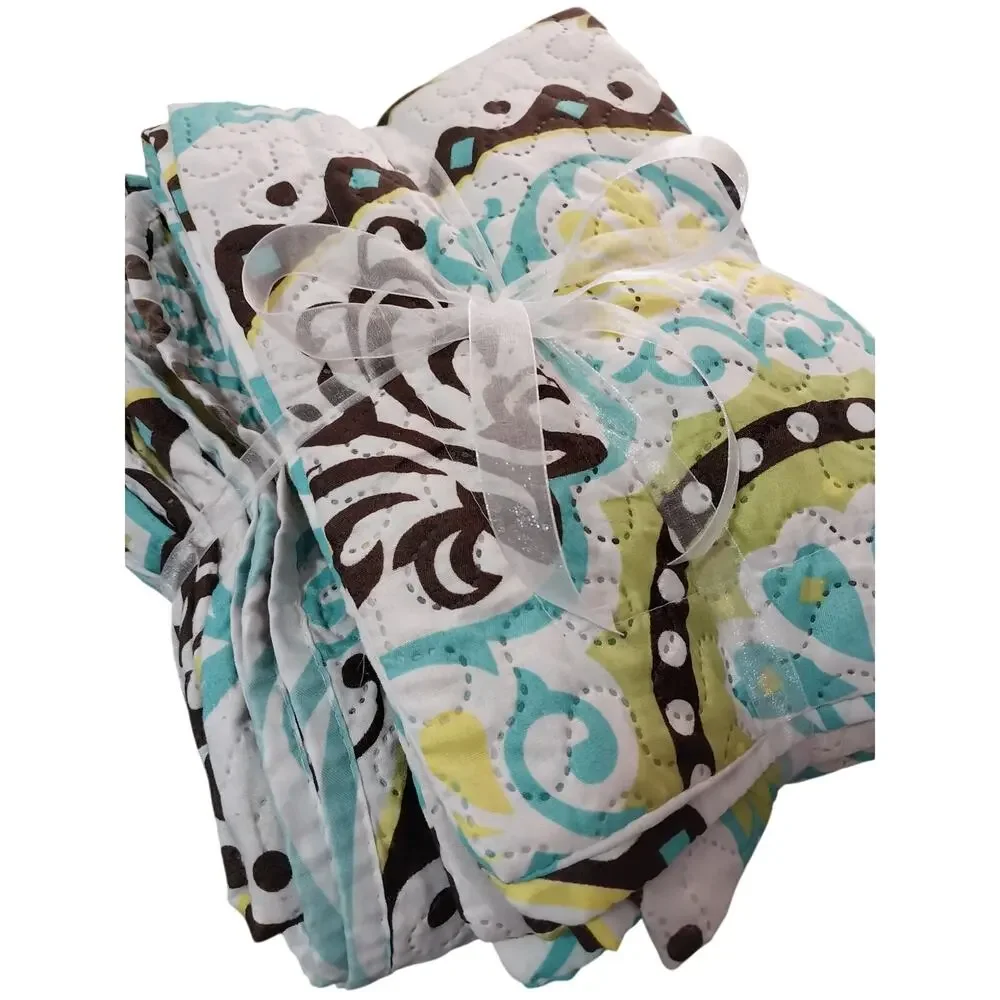 SPIRIT LINEN! WHITE W/YELLOW, AQUA & BROWN MANDALA QUILT & 2 SHAMS! SZ QN